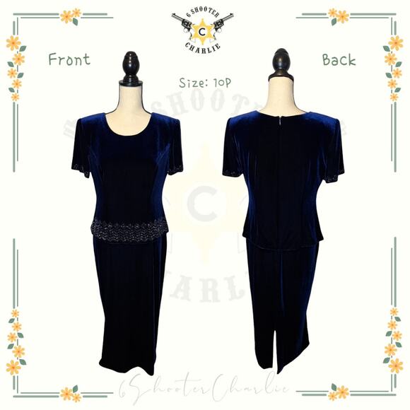 Vintage R&M Richards Formal Beaded Velvet Dress Womens Size 10P Navy Blue Classy - Picture 1 of 7